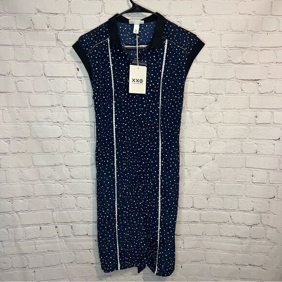 Jason Wu Collared Button Down Pleated Dress. Navy With White Polka Dots Size Med - Picture 1 of 11